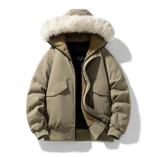 Herren wattierte Winterjacke mit Kapuze und abnehmbarem Kunstfellkragen