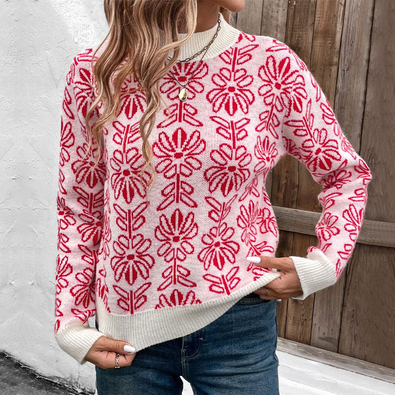 Damen Pullover mit Rundhalsausschnitt, Blumenmuster und gerippten Bündchen