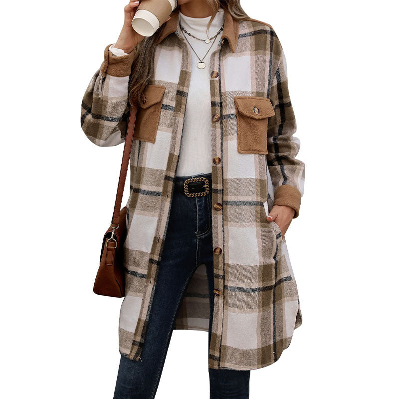 Damen Hemdjacke mit Karomuster, Taschen und Knöpfen, Langarm