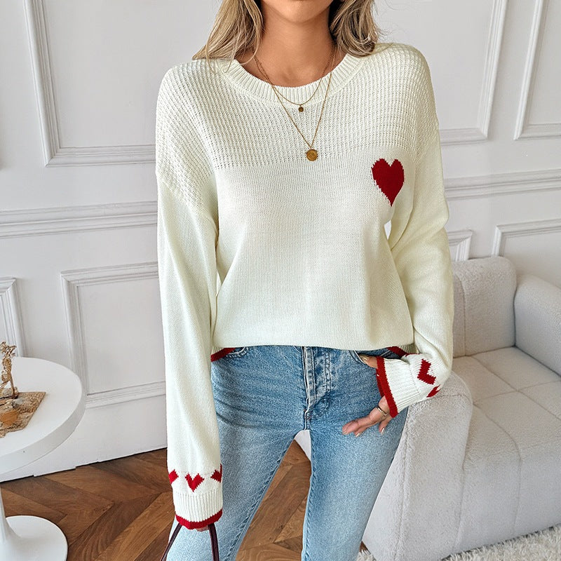 Damen Pullover mit Rundhalsausschnitt, Herzintarsien und gerippten Bündchen