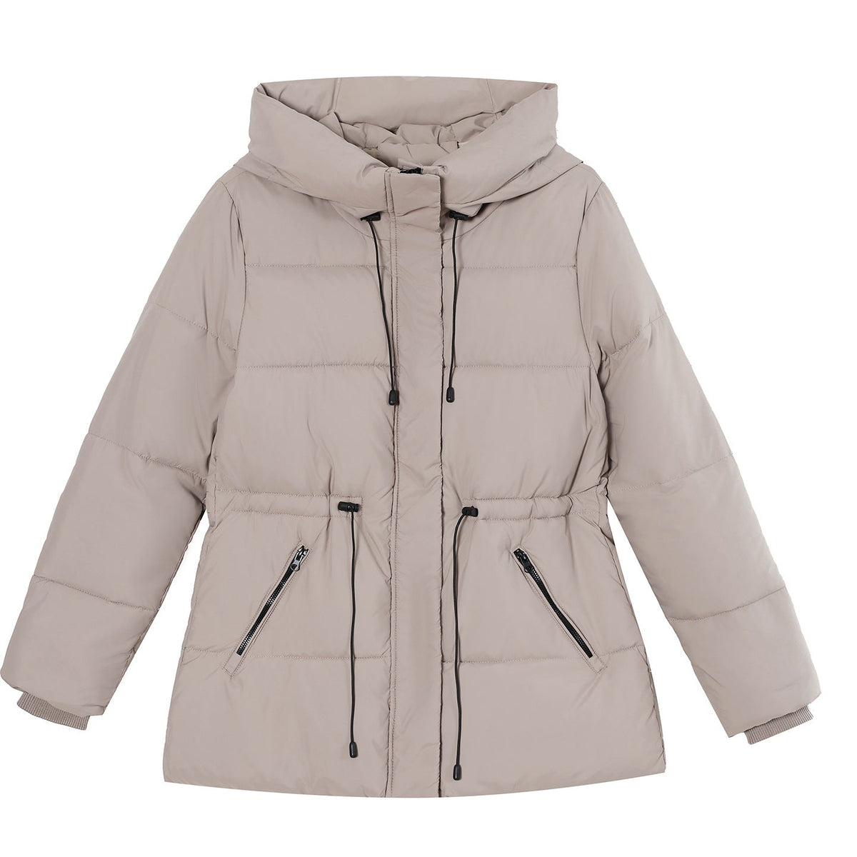 Damen wattierter Kapuzenparka mit taillierbarem Kordelzug und Rippbündchen