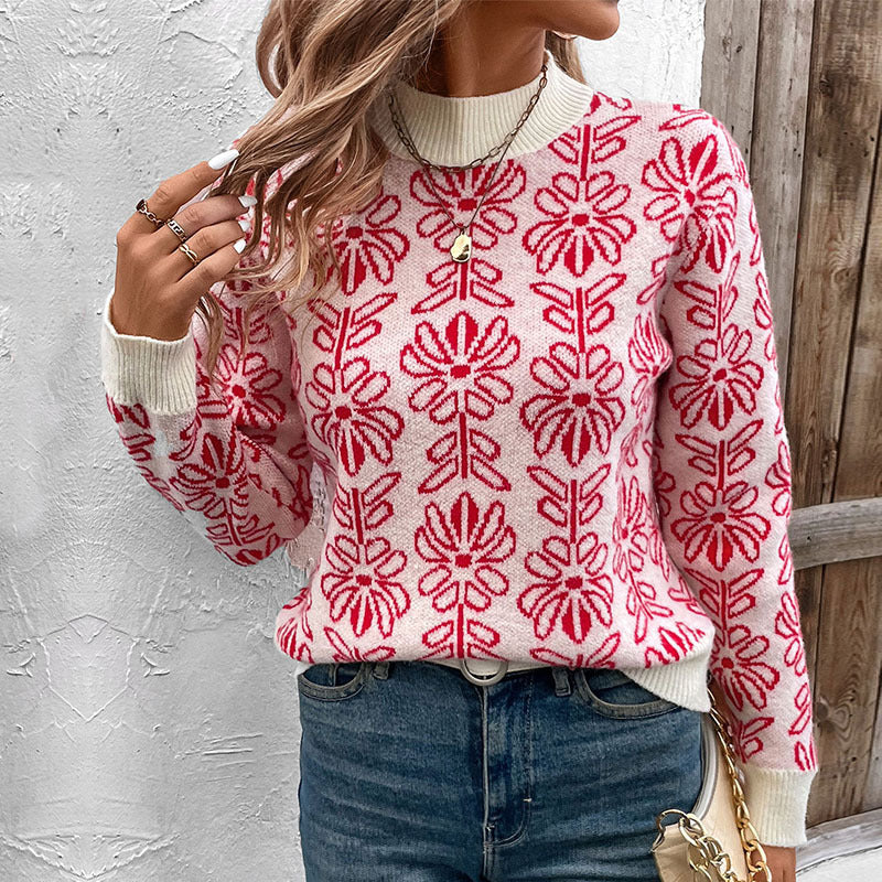 Damen Pullover mit Rundhalsausschnitt, Blumenmuster und gerippten Bündchen