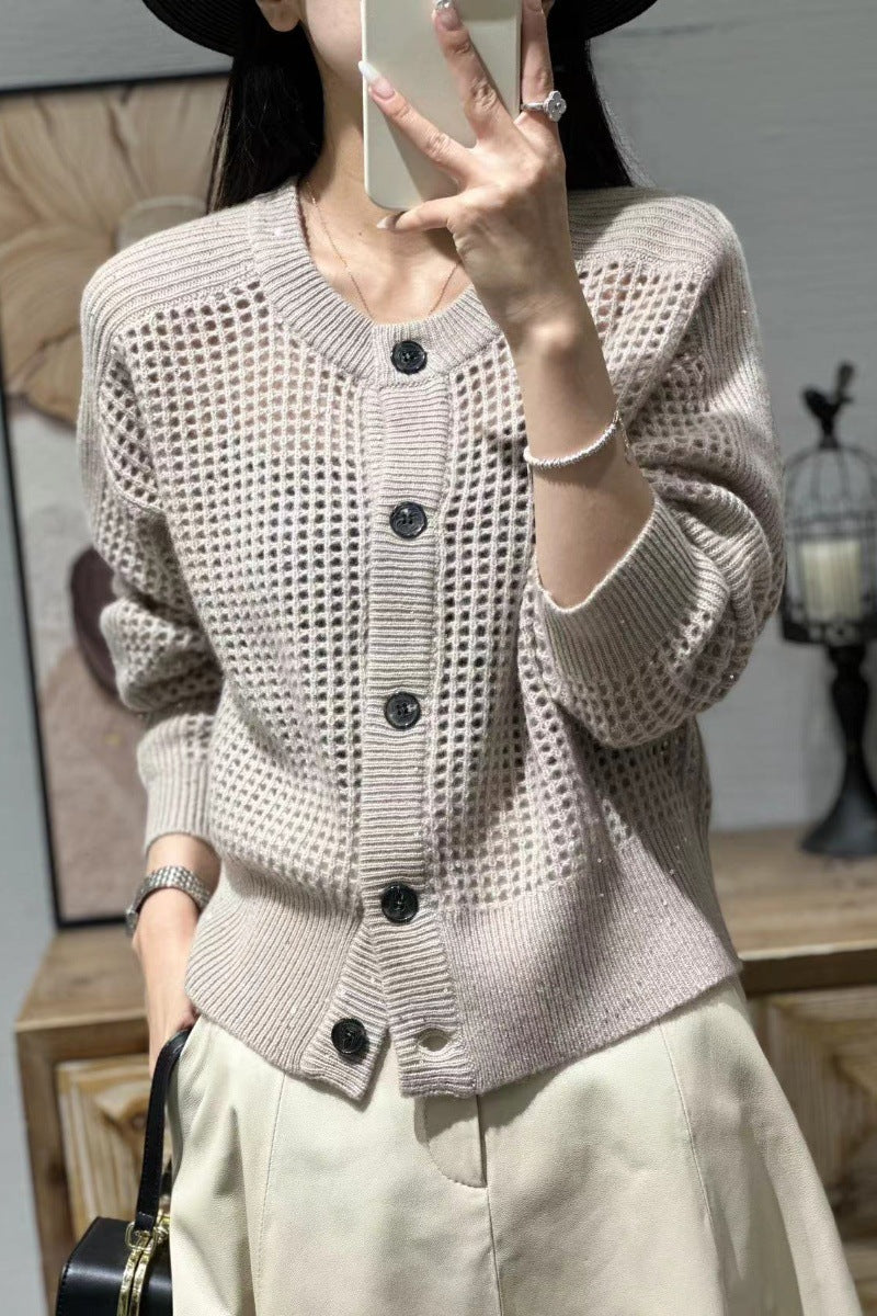 Damen Mesh-Cardigan mit Rundhalsausschnitt, Knopfleiste und langen Ärmeln