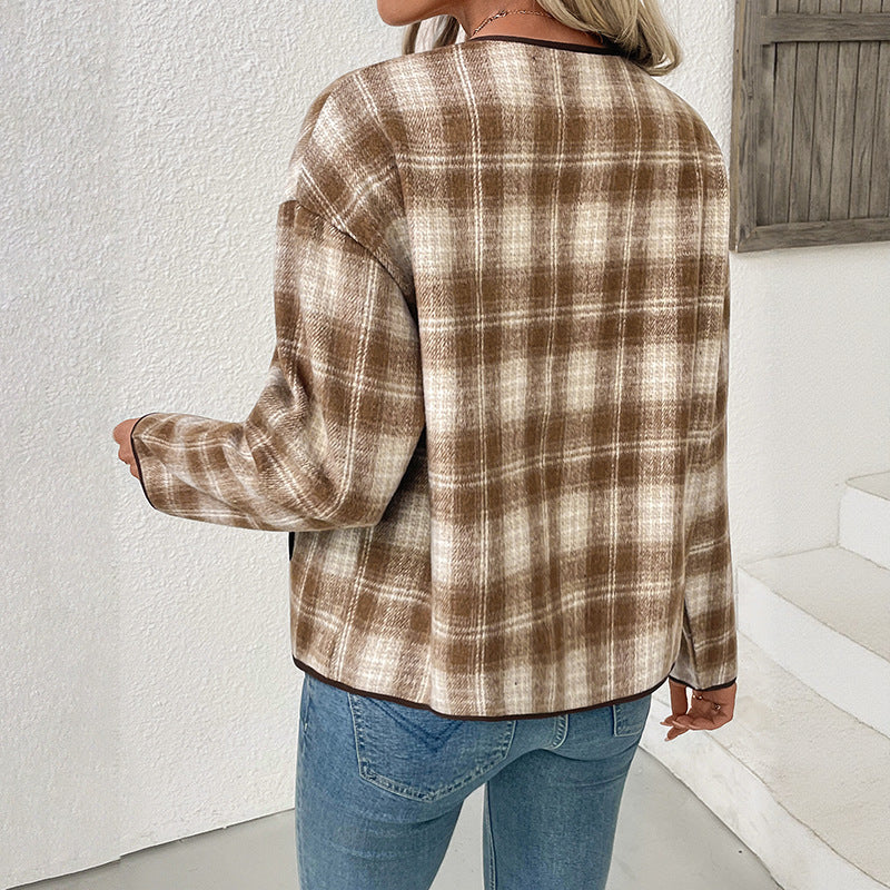 Damen karierte Übergangsjacke mit Rundhalsausschnitt und Taschen