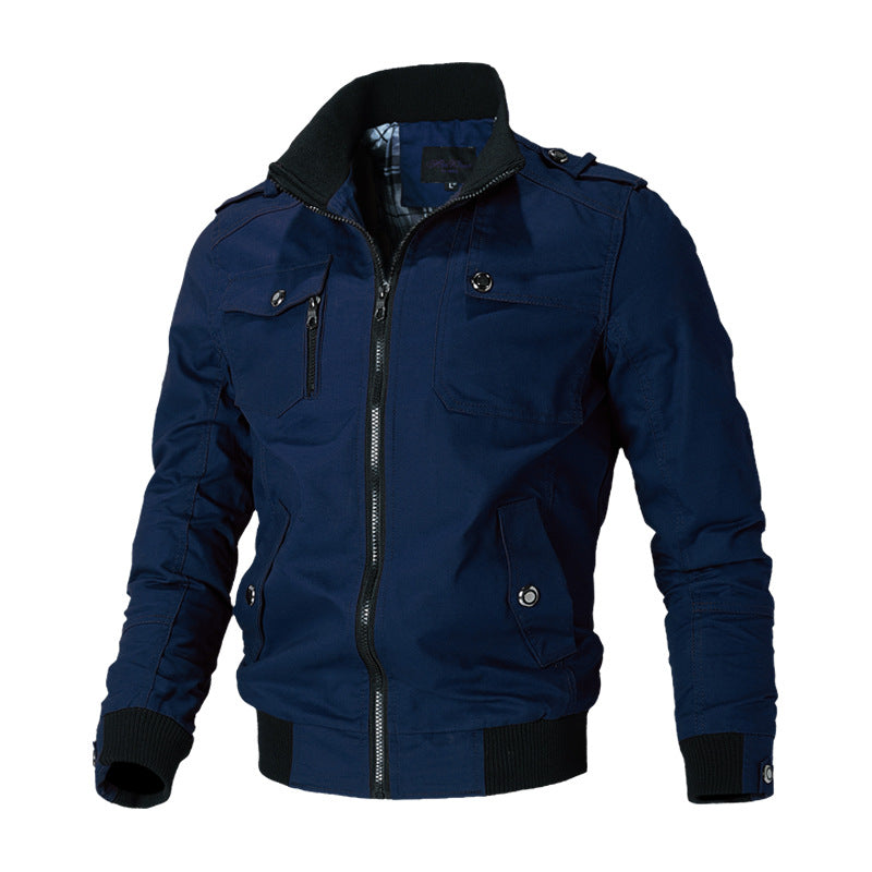Herren robuste Canvas-Bomberjacke mit Schulterklappen und Reißverschluss-Front