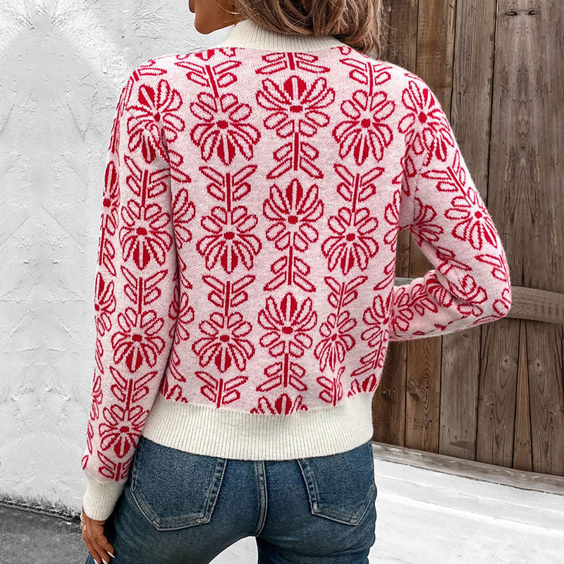 Damen Pullover mit Rundhalsausschnitt, Blumenmuster und gerippten Bündchen