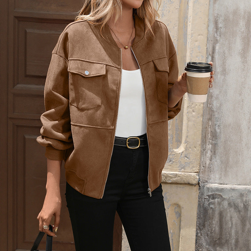 Damen Oversized Bomberjacke mit langen Ärmeln und Brusttaschen