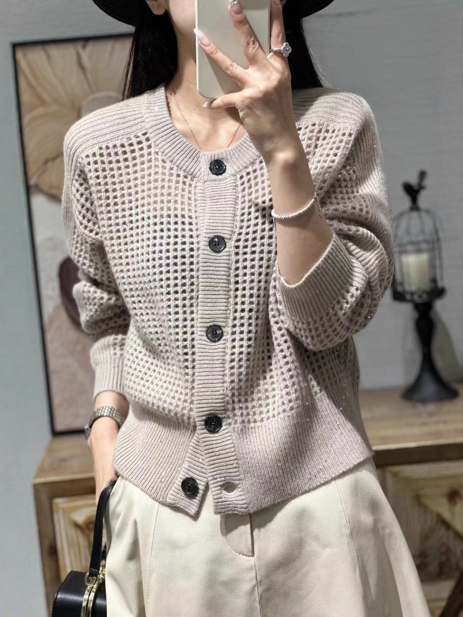 Damen Mesh-Cardigan mit Rundhalsausschnitt, Knopfleiste und langen Ärmeln