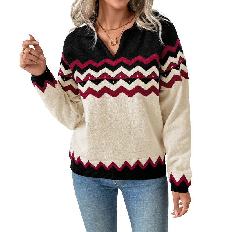 Damen Pullover mit V-Ausschnitt, langen Ärmeln und Zickzackmuster