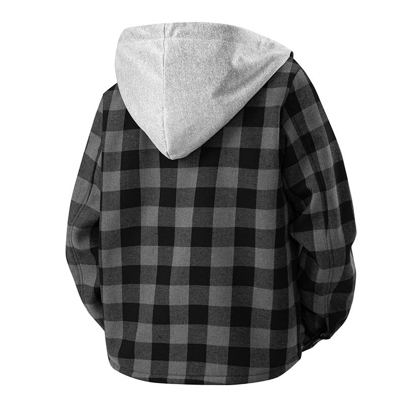 Herren kariertes Overshirt mit Kapuze, Brusttasche und Druckknopfverschluss