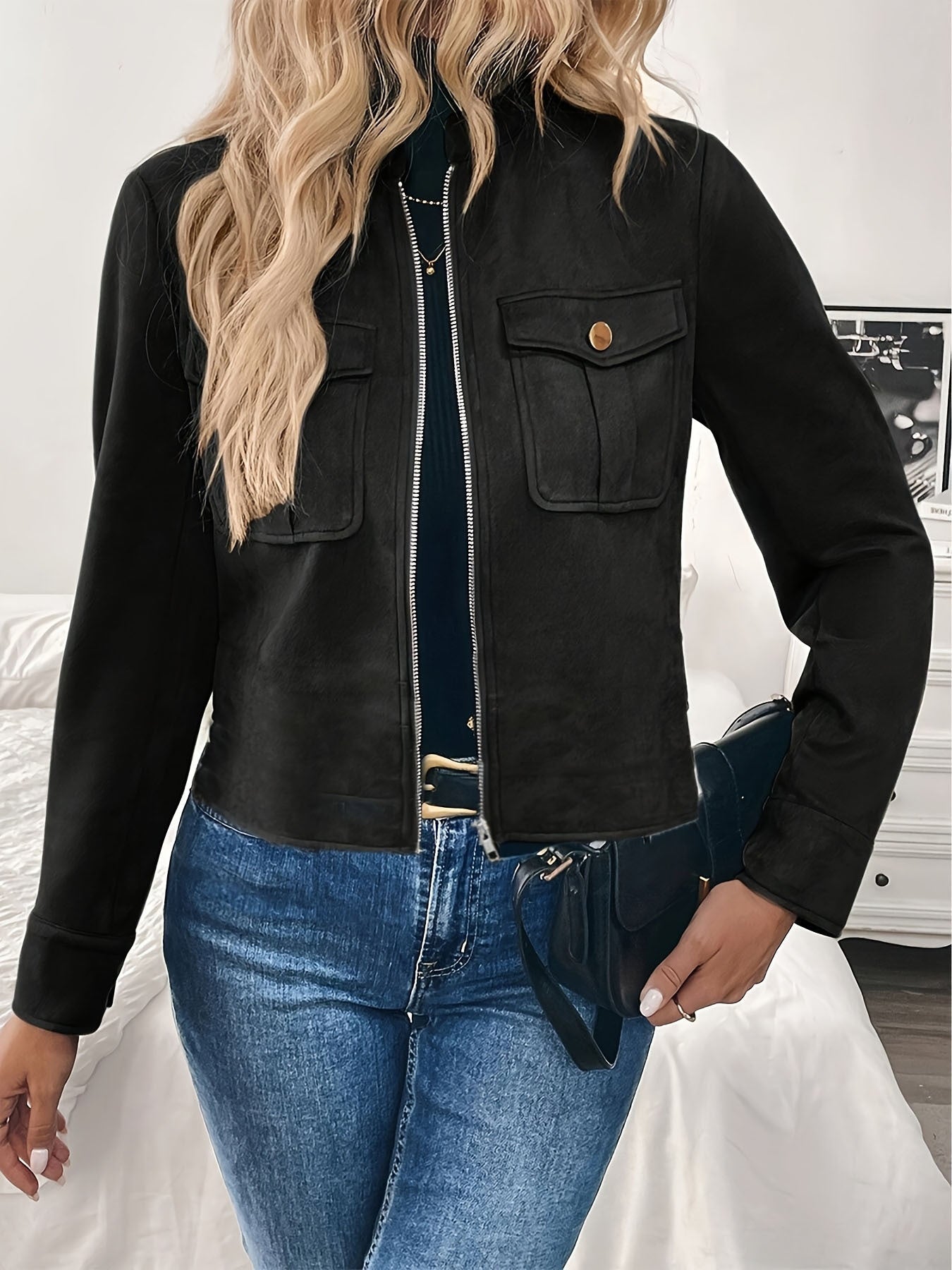 Damen Kurzjacke mit Pattentaschen und Reißverschluss