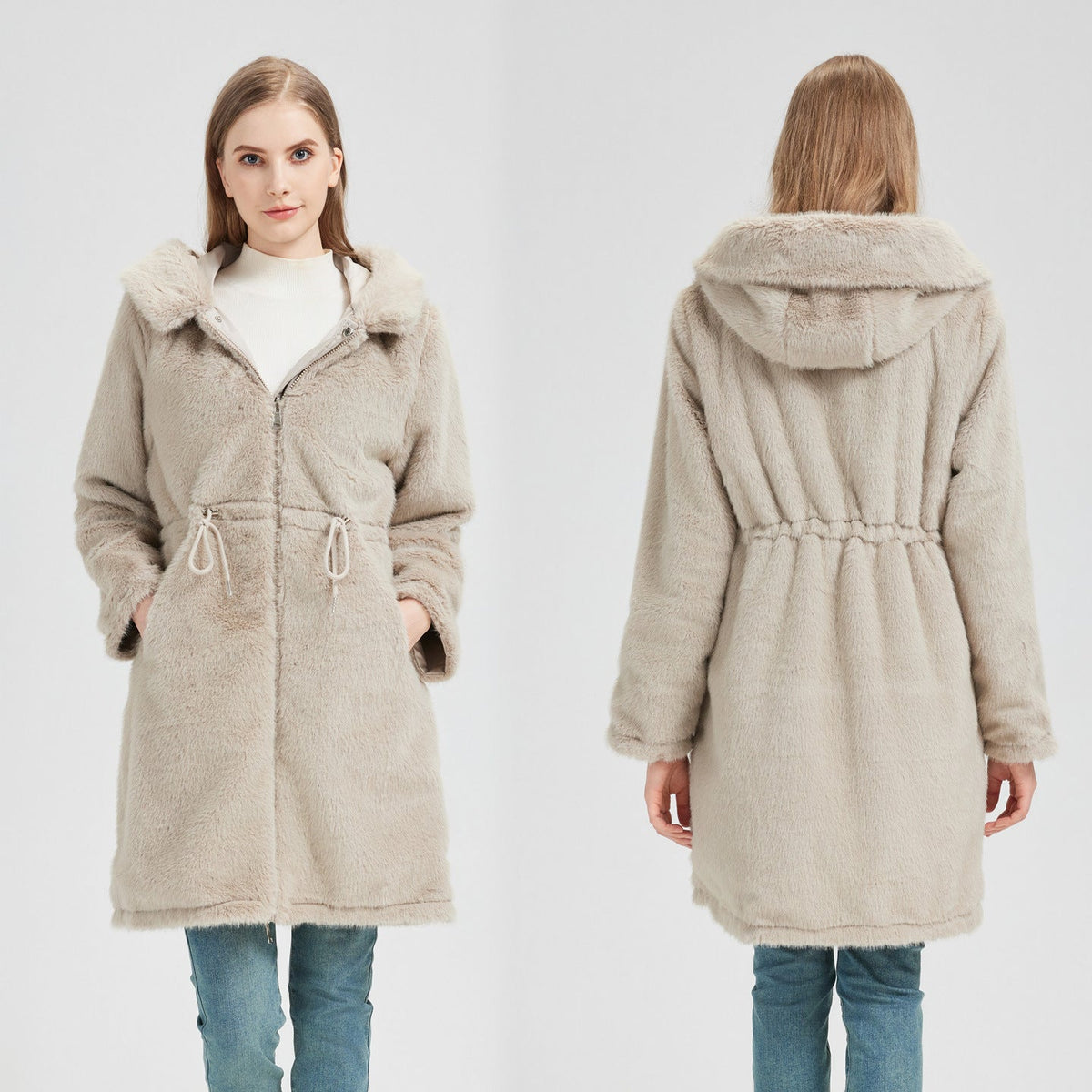 Damen langer Parka mit abnehmbarer Kapuze und taillenverstellbarem Kordelzug