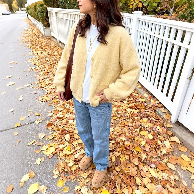 Damen Cardigan mit V-Ausschnitt, Taschen und Knöpfen