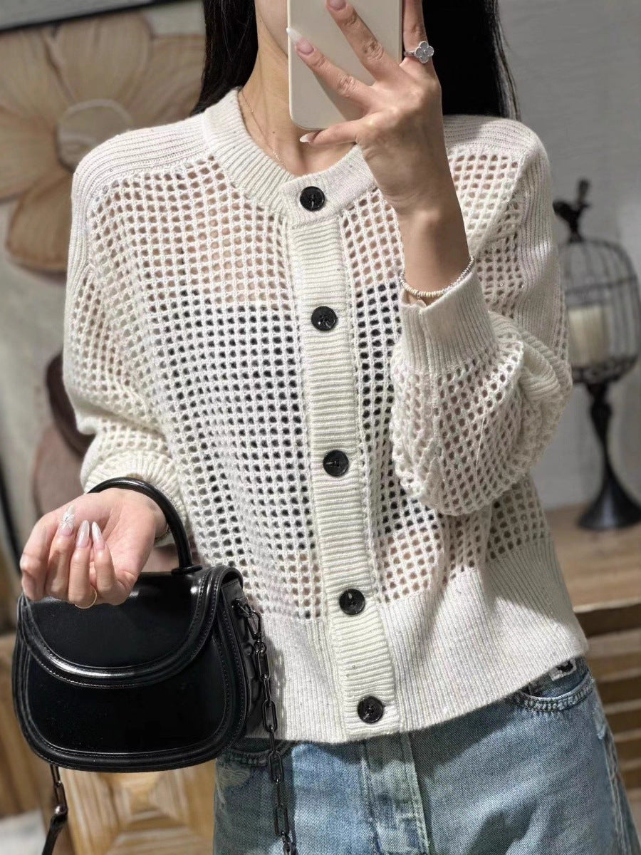 Damen Mesh-Cardigan mit Rundhalsausschnitt, Knopfleiste und langen Ärmeln