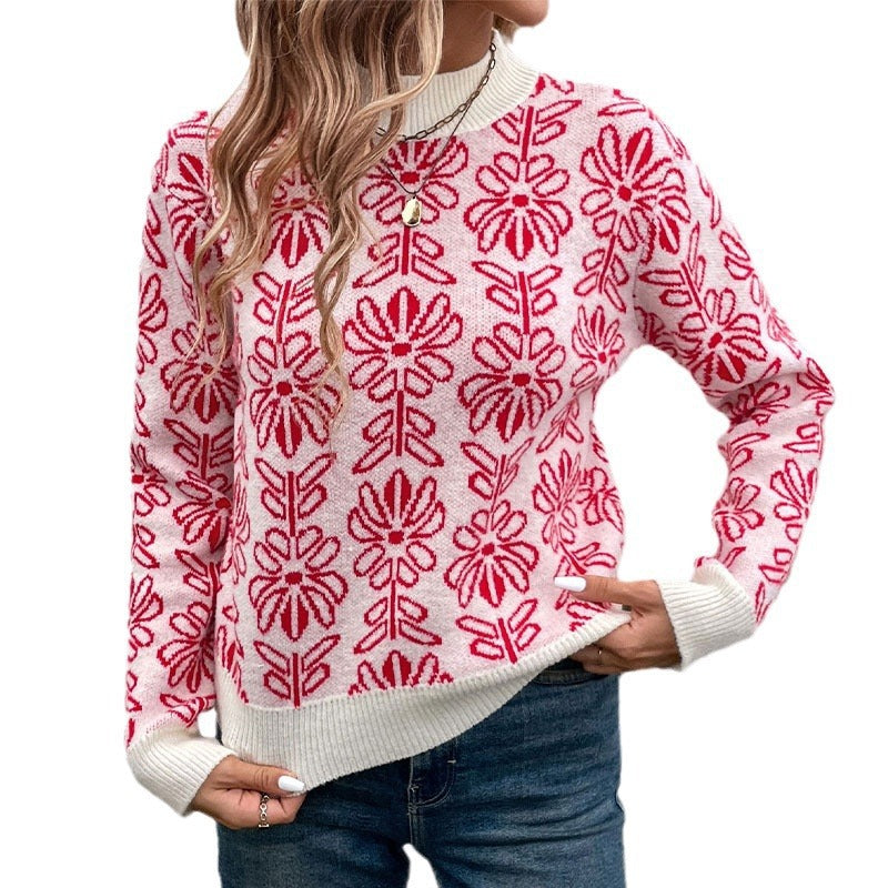 Damen Pullover mit Rundhalsausschnitt, Blumenmuster und gerippten Bündchen