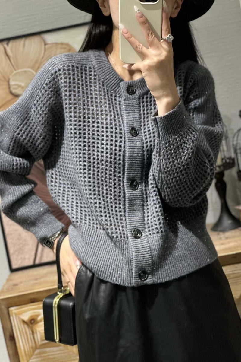Damen Mesh-Cardigan mit Rundhalsausschnitt, Knopfleiste und langen Ärmeln