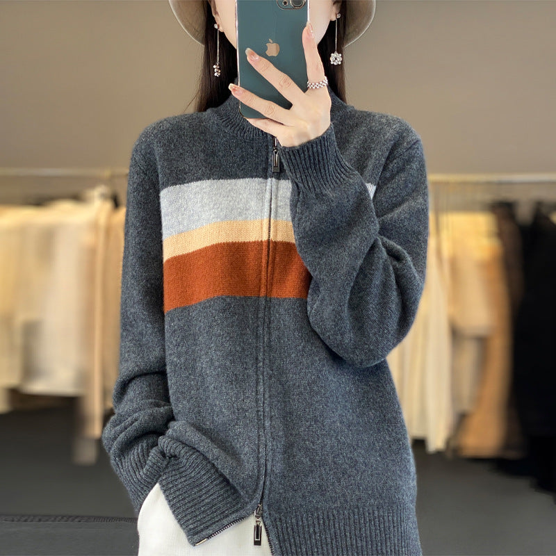 Damen Strickjacke mit Streifen und Reissverschluss