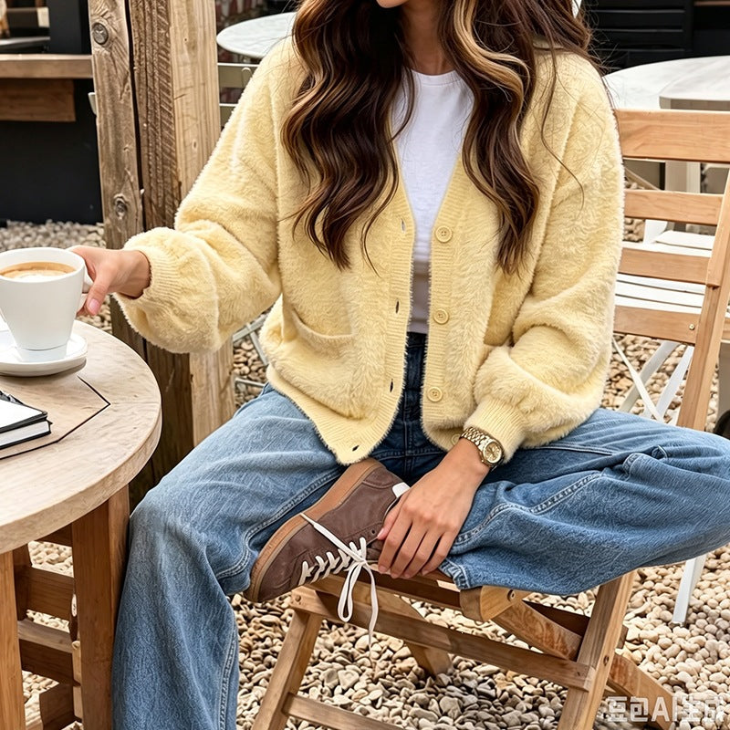 Damen Cardigan mit V-Ausschnitt, Taschen und Knöpfen
