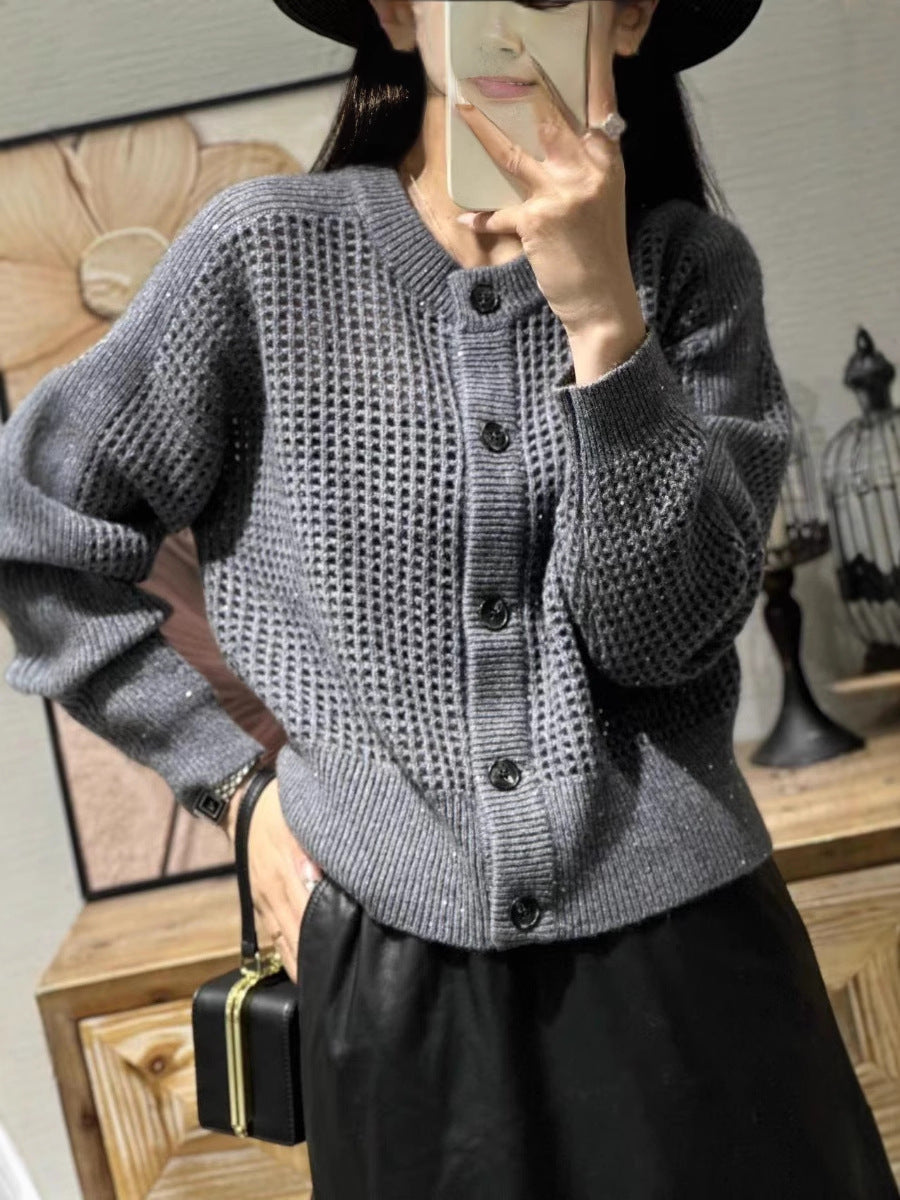 Damen Mesh-Cardigan mit Rundhalsausschnitt, Knopfleiste und langen Ärmeln