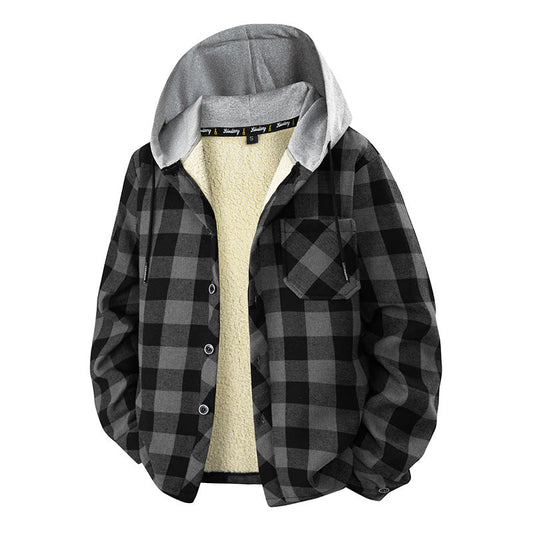 Herren kariertes Overshirt mit Kapuze, Brusttasche und Druckknopfverschluss