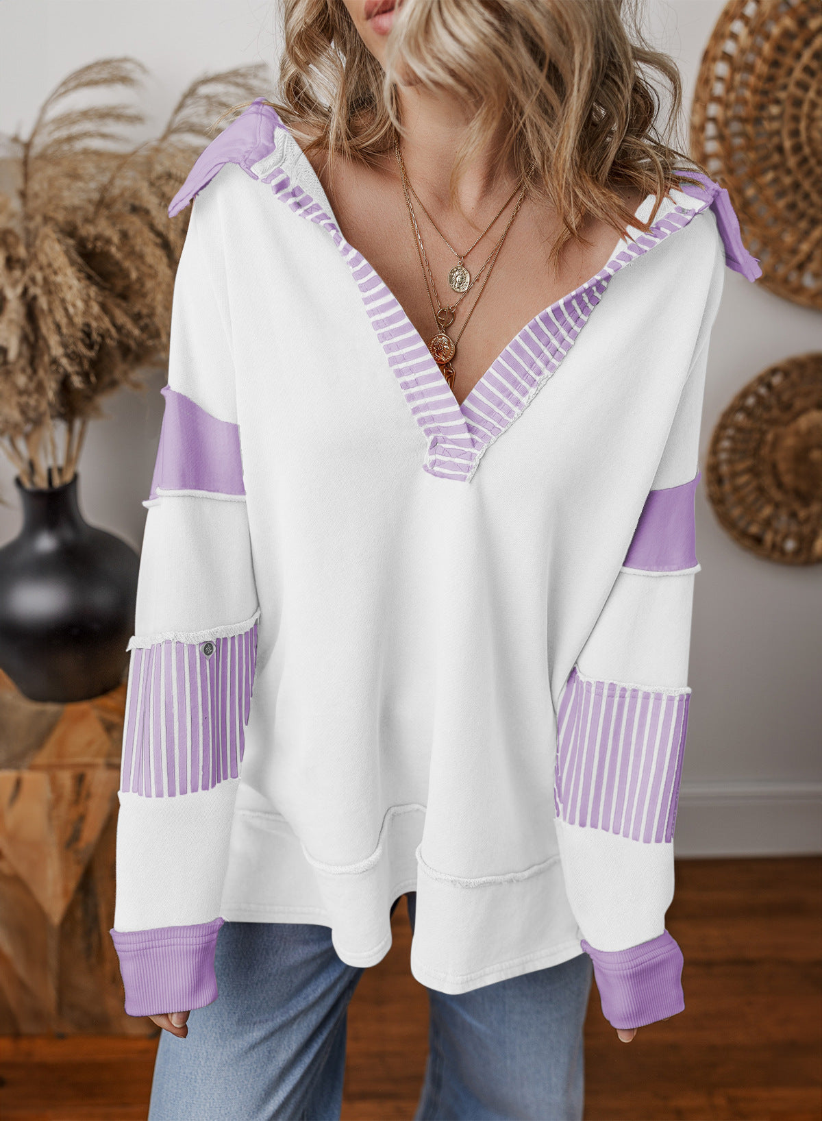 Damen Oversized V-Ausschnitt Gestreifter Sweatshirt