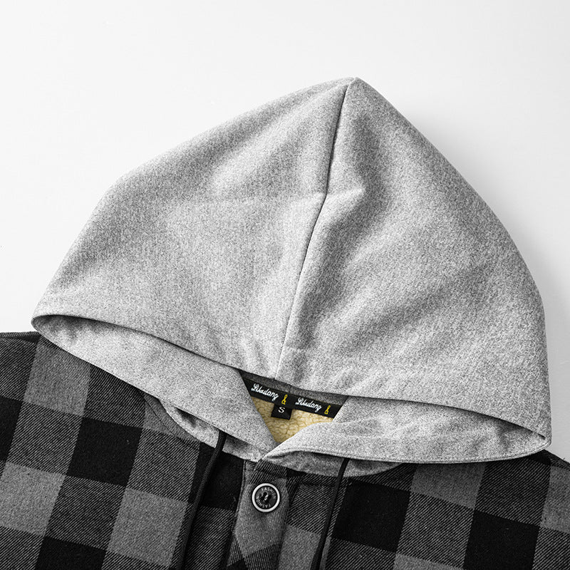 Herren kariertes Overshirt mit Kapuze, Brusttasche und Druckknopfverschluss