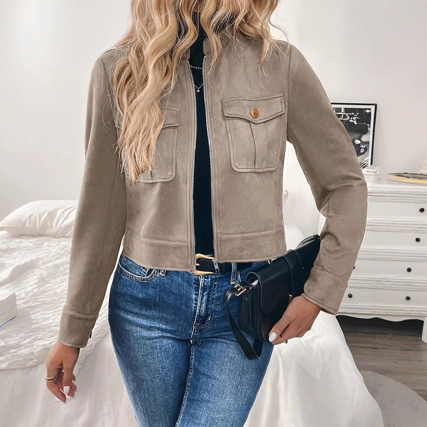 Damen Kurzjacke mit Pattentaschen und Reißverschluss