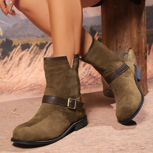 Damen Ankle Boots mit V-Ausschnitt, Riemen und Schnalle
