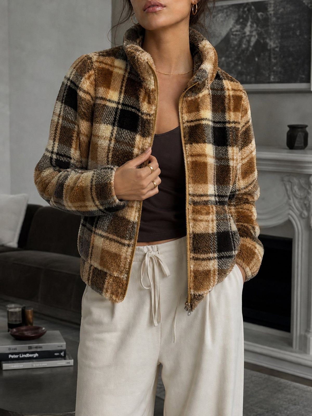 Damen Kurzjacke mit Karomuster, Reißverschluss und Taschen