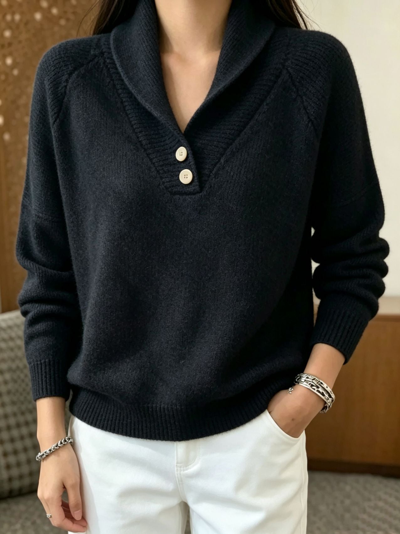 Martha | Damen Langarmpullover mit Knöpfen