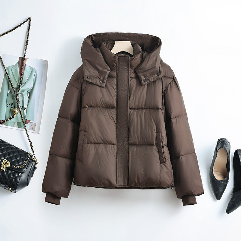 Damen kurze Microfaser-Pufferjacke mit herausnehmbarem Kragenpolster und Tunnelzugsaum