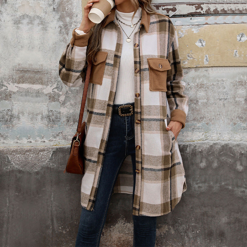 Damen Hemdjacke mit Karomuster, Taschen und Knöpfen, Langarm