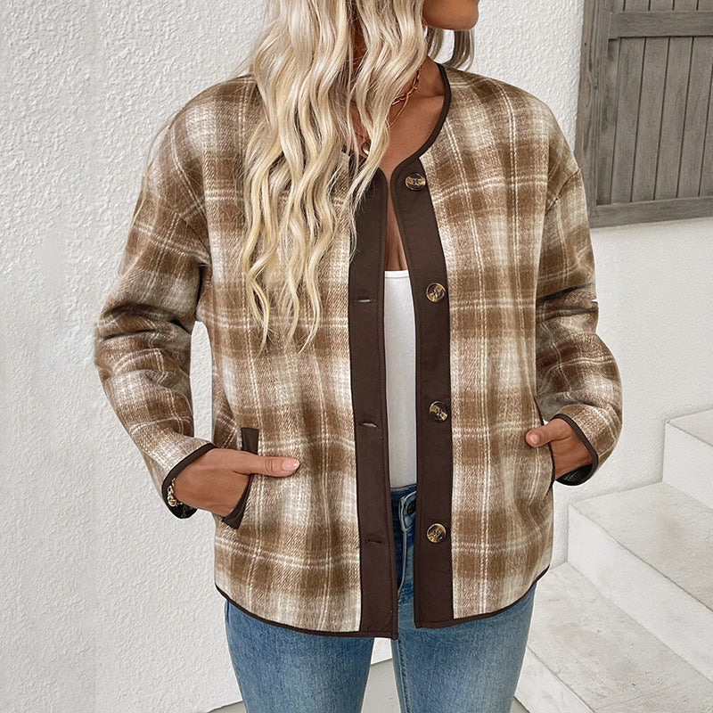Damen karierte Übergangsjacke mit Rundhalsausschnitt und Taschen