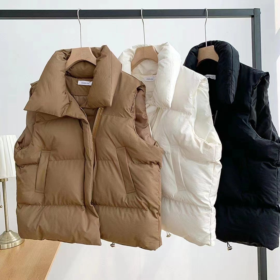 Damen wattierte Steppweste mit voluminösem Schalkragen und verstellbarem Kordelsaum
