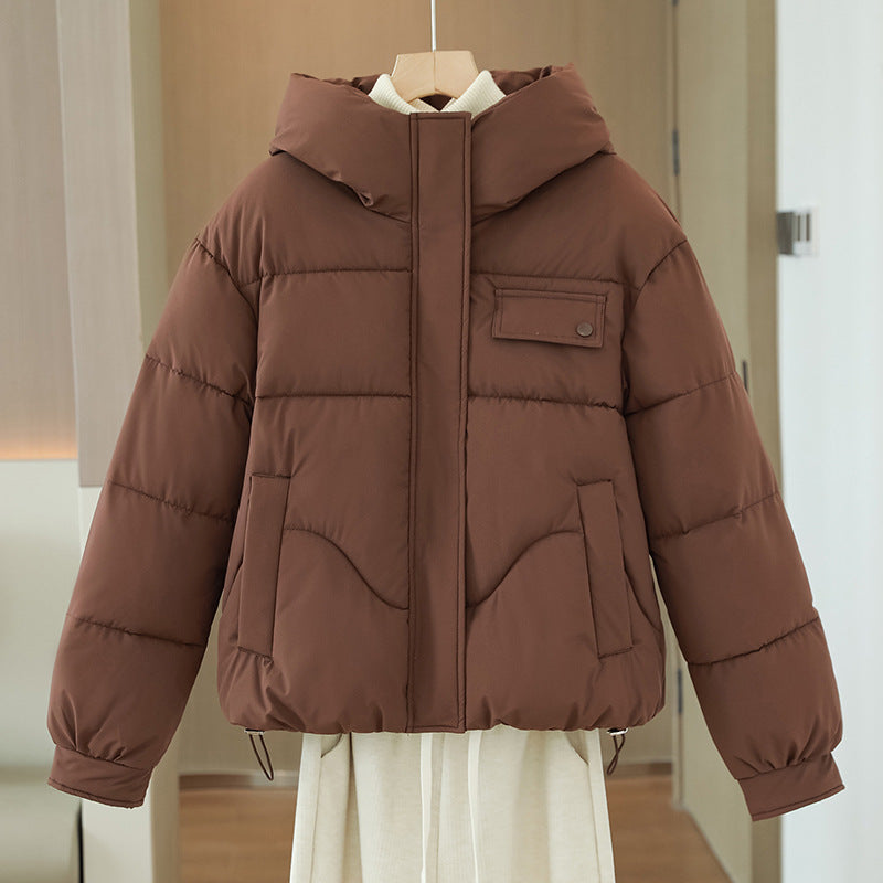 Damen kurzes wattiertes Kapuzenblouson mit verdecktem Reißverschluss und Brustpattentasche