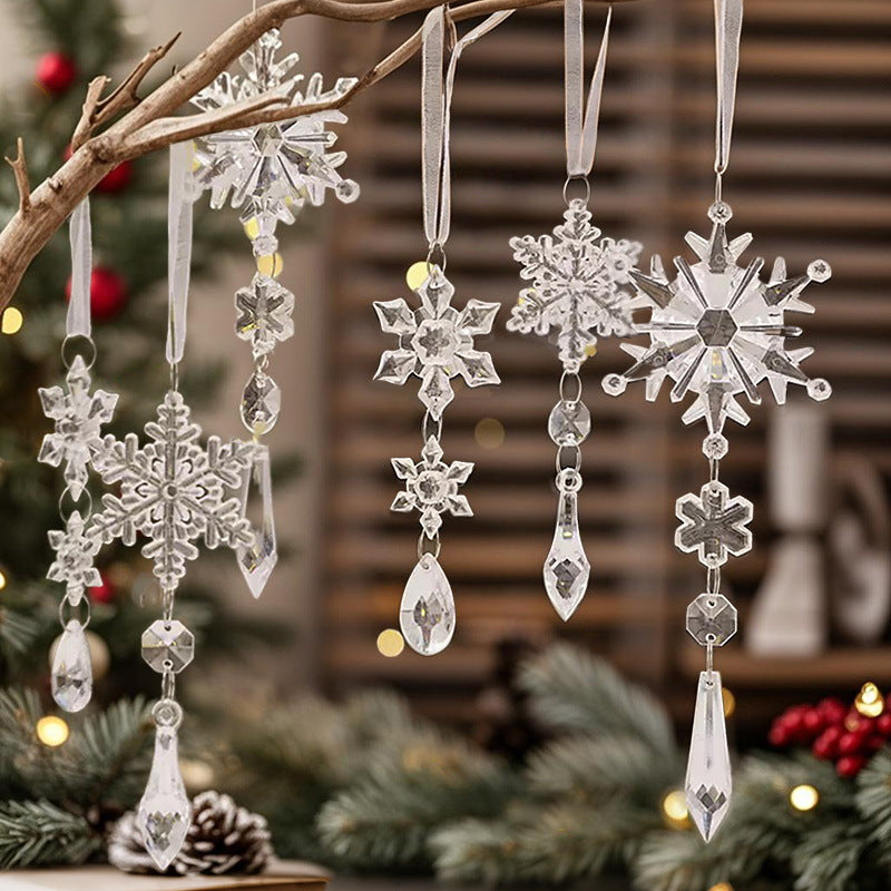Weihnachtsbaum-Hängedeko | Schneeflocken & Kristallanhänger | Mit Aufhängeband