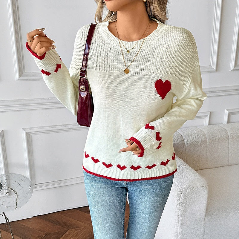 Damen Pullover mit Rundhalsausschnitt, Herzintarsien und gerippten Bündchen