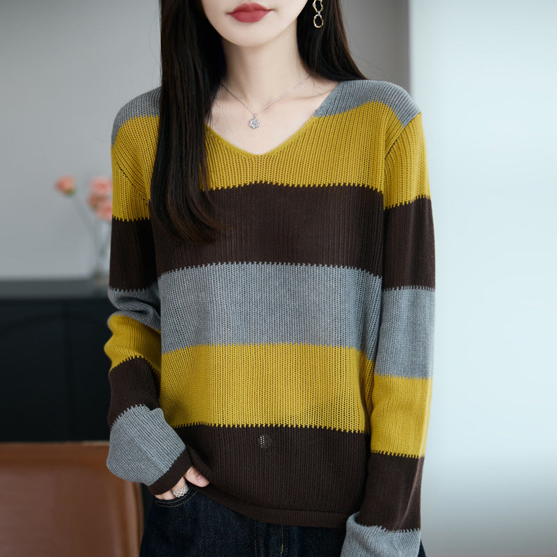 Damen Pullover mit V-Ausschnitt und Streifen