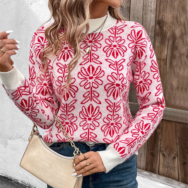 Damen Pullover mit Rundhalsausschnitt, Blumenmuster und gerippten Bündchen