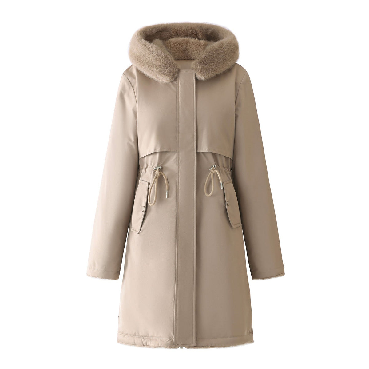 Damen langer Parka mit abnehmbarer Kapuze und taillenverstellbarem Kordelzug