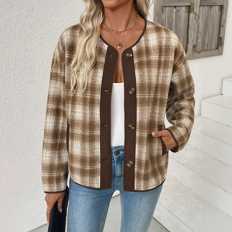 Damen karierte Übergangsjacke mit Rundhalsausschnitt und Taschen