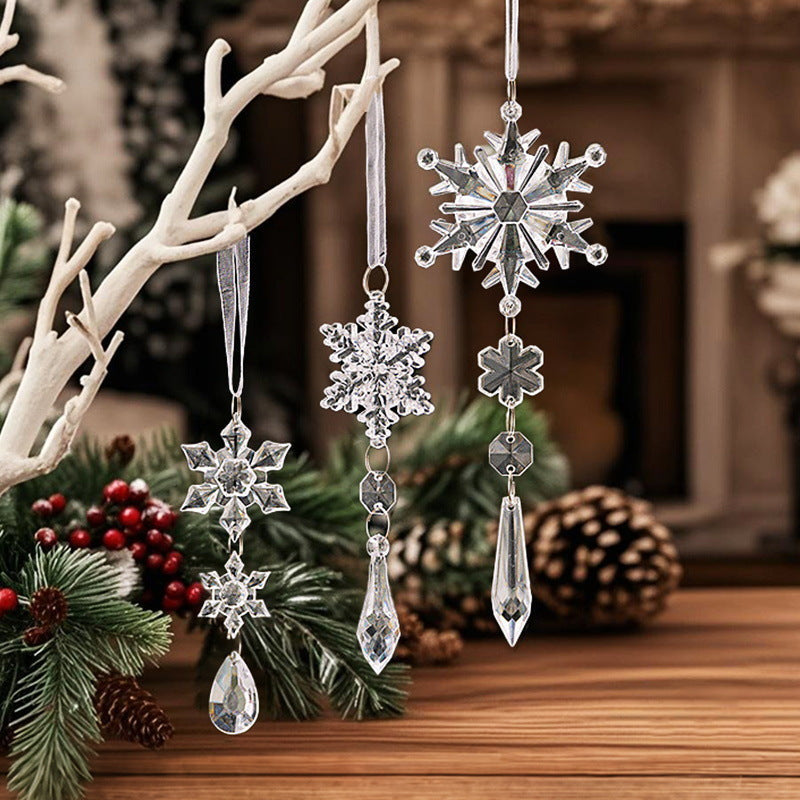 Weihnachtsbaum-Hängedeko | Schneeflocken & Kristallanhänger | Mit Aufhängeband