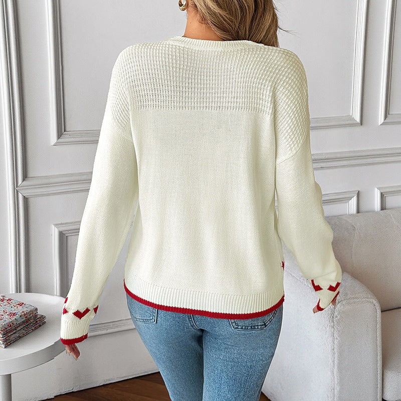 Damen Pullover mit Rundhalsausschnitt, Herzintarsien und gerippten Bündchen