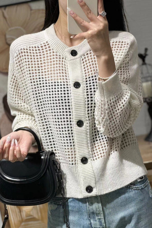 Damen Mesh-Cardigan mit Rundhalsausschnitt, Knopfleiste und langen Ärmeln