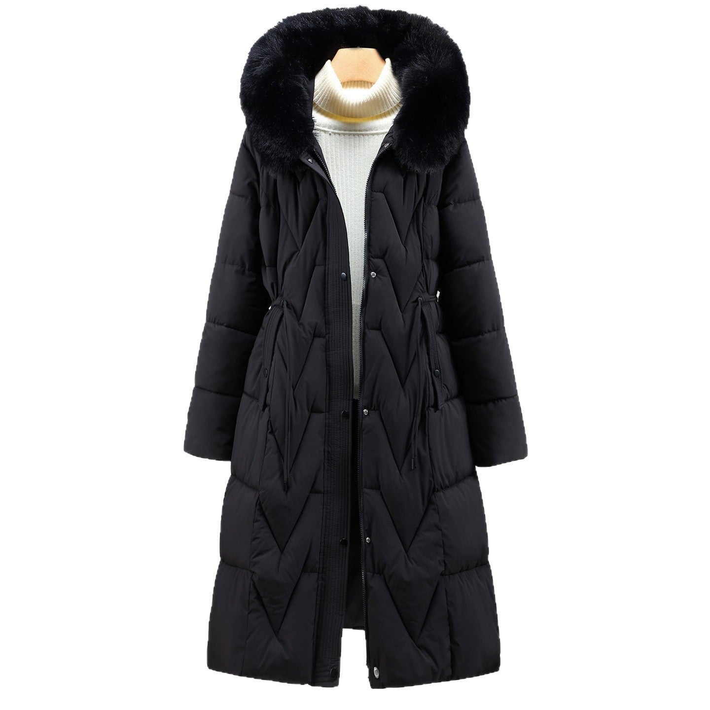 Damen langer gesteppter Parka mit Kunstfellkapuze und Kordelzug