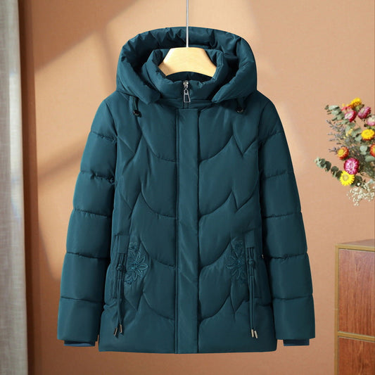 Damen gesteppte Thermo-Outdoorjacke mit Kapuze und floralem Taschenstickerei