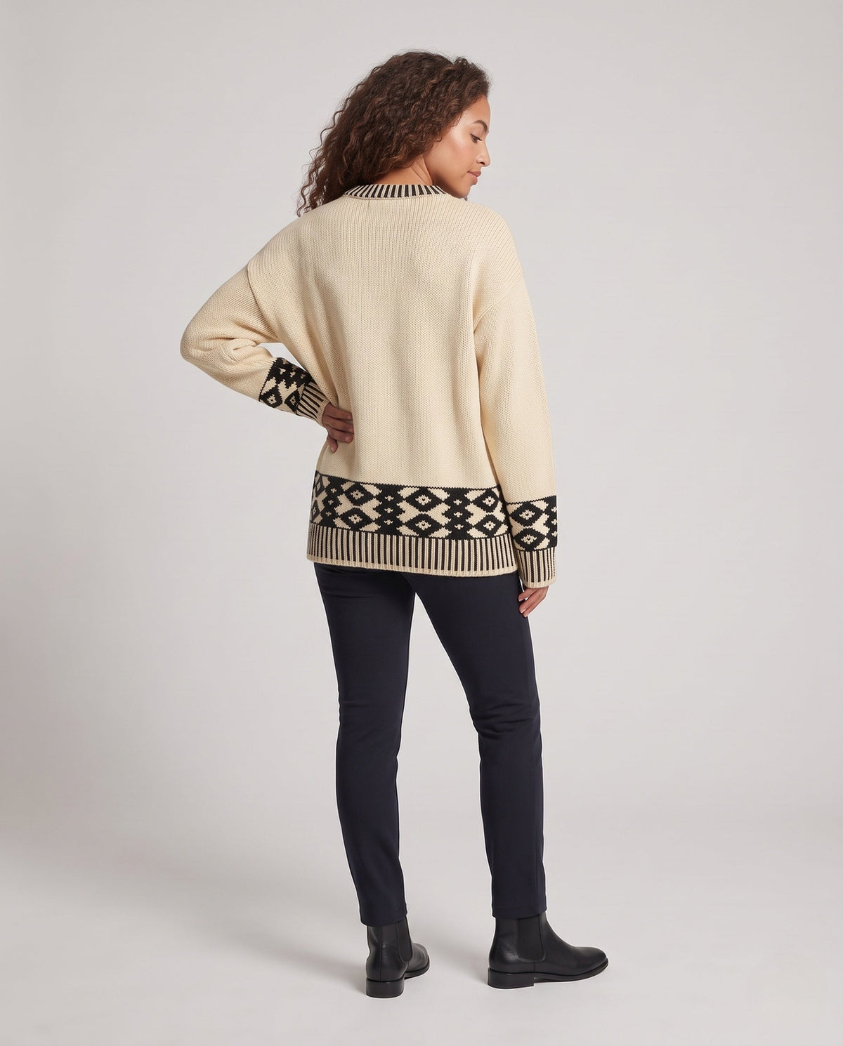 Damen Oversize Pullover mit Norwegermuster und gerippten Bündchen
