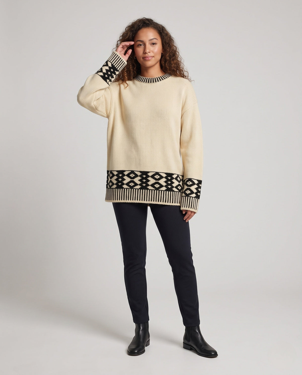 Damen Oversize Pullover mit Norwegermuster und gerippten Bündchen