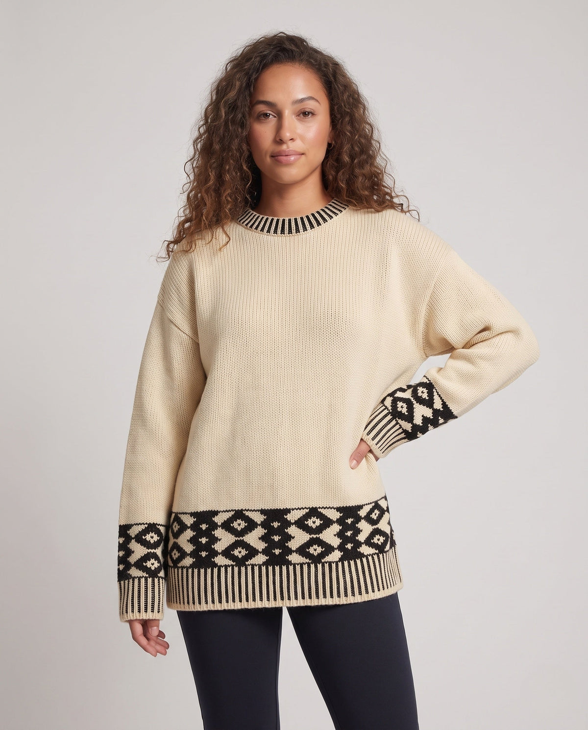Damen Oversize Pullover mit Norwegermuster und gerippten Bündchen