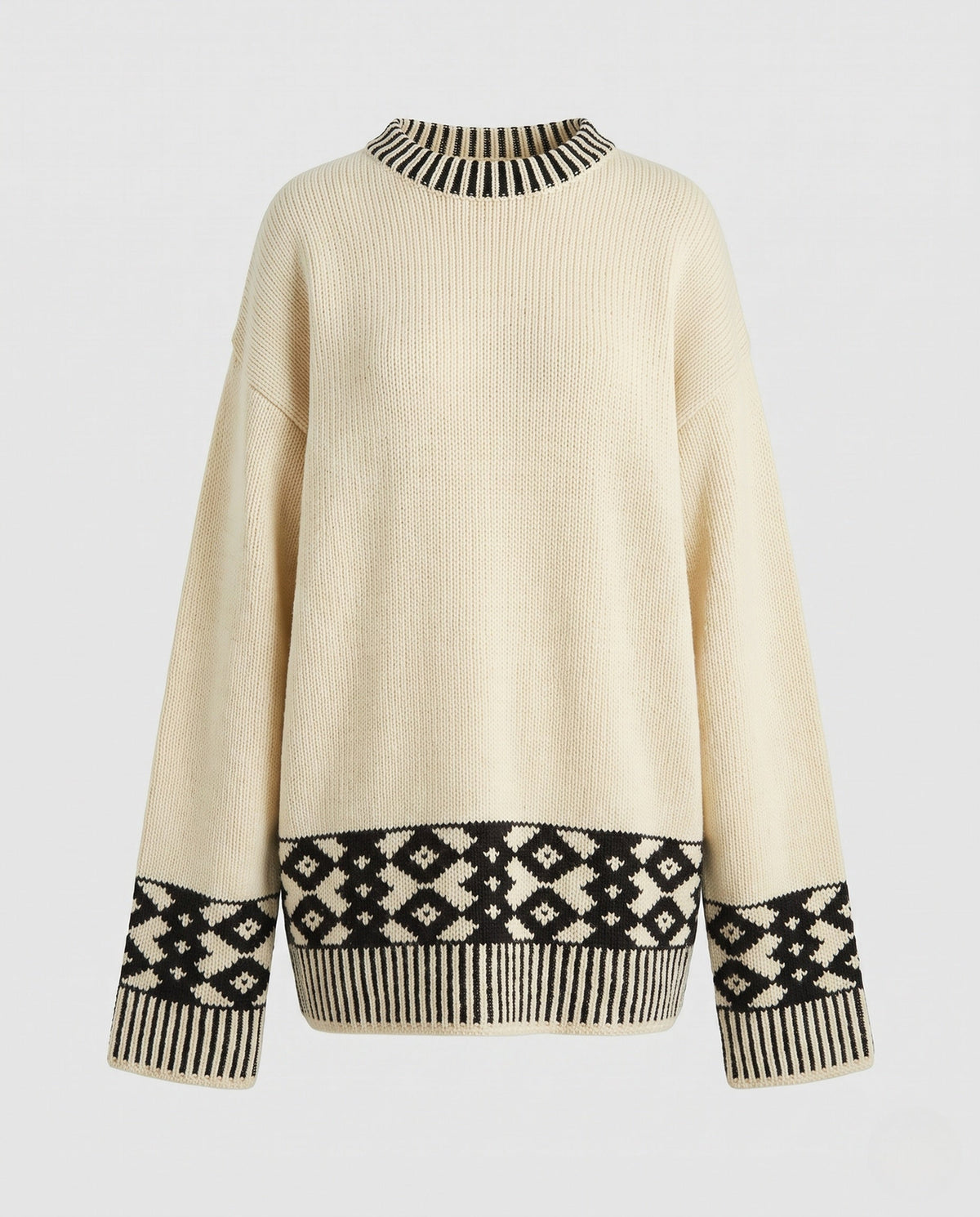 Damen Oversize Pullover mit Norwegermuster und gerippten Bündchen